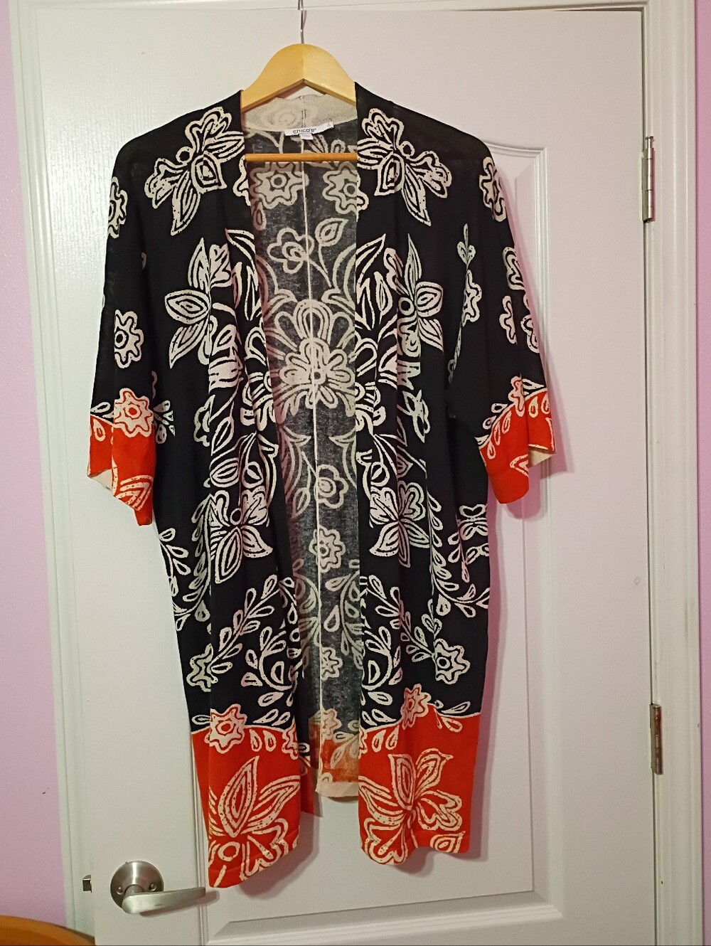 Chico's Orange and Black Floral Open Front Kimono Style Knit